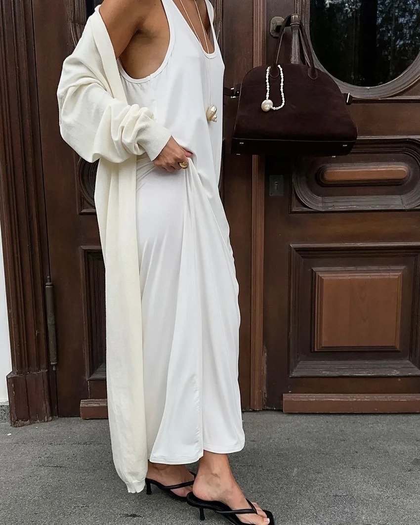 Осенняя длинная трикотажная белая ночная сорочка без рукавов свободная мягкая женская домашняя одежда можно носить Возобновляемый материал