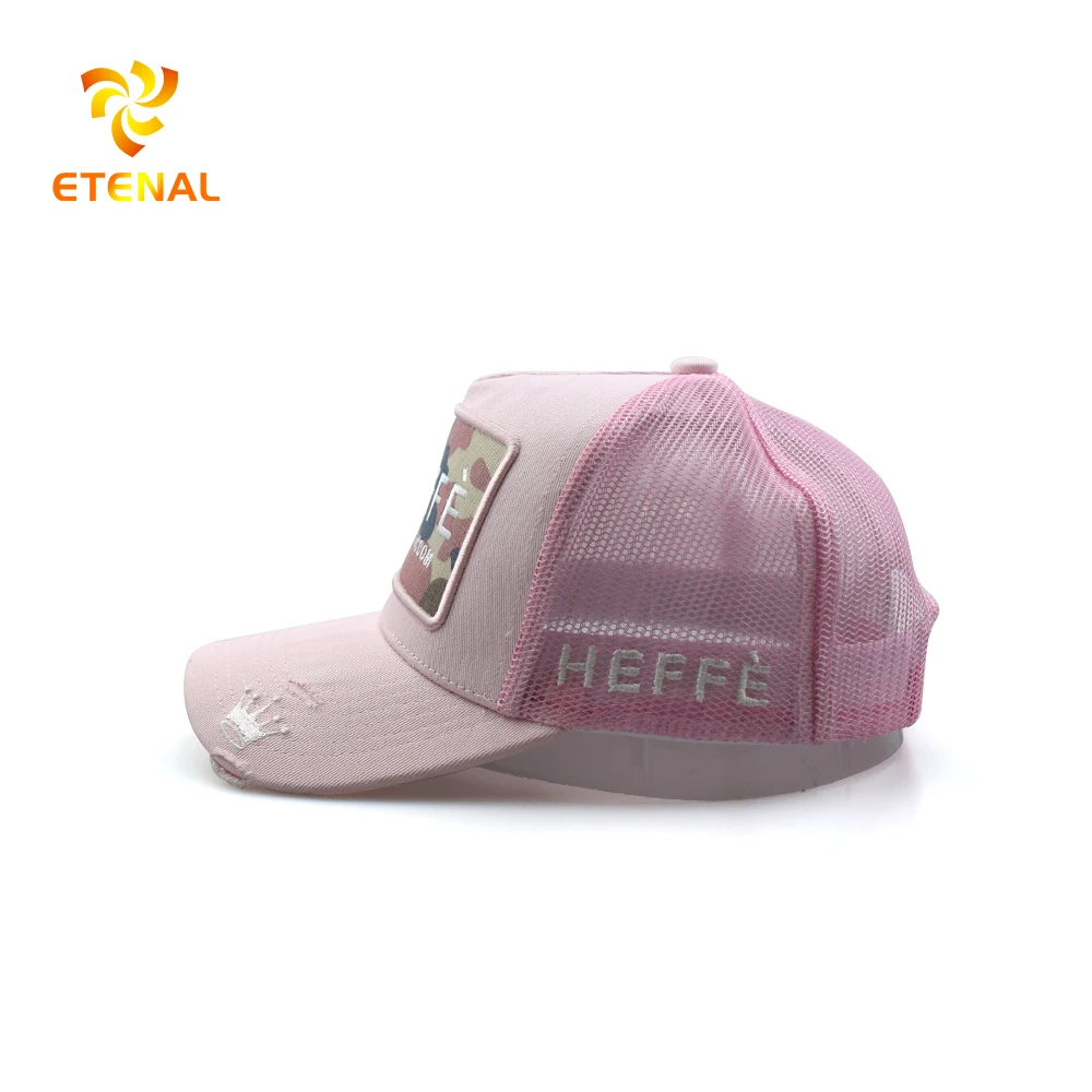 5% OFF Custom men embroidery patch distreseed baseball cap pink color trucker mesh hat