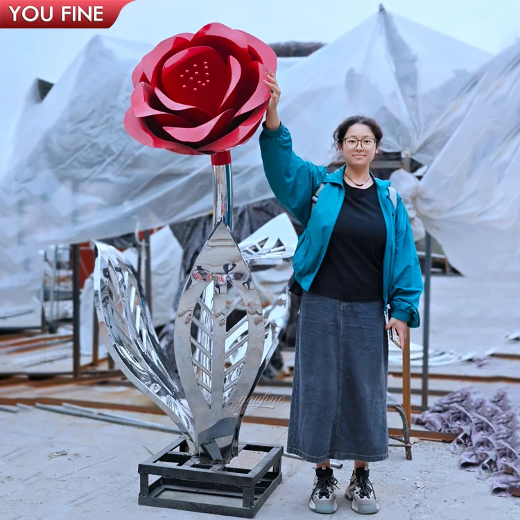 Outdoor Garden Lawn Metal Statue Stainless Steel Rose Flower Sculpture