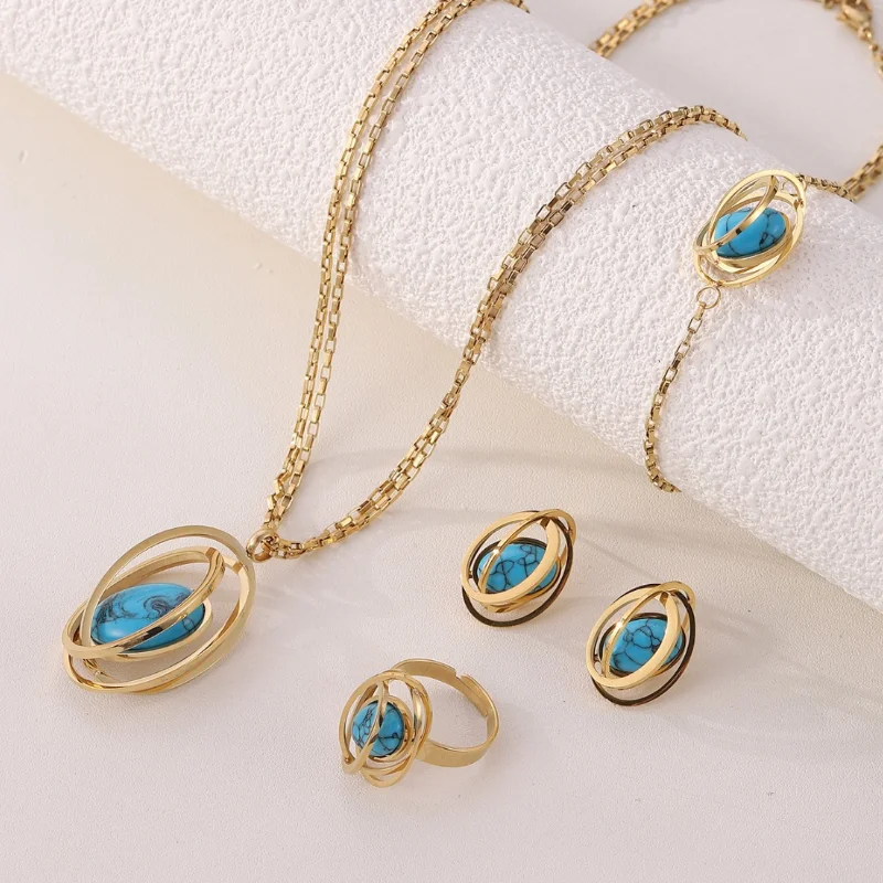 4 Pcs Necklace Female Niche Fashion Hollow Round Pendant Bracelet Earrings Ring Trendy Ornament Blue Turquoise Globe Jewelry Set