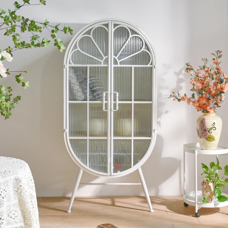 Nordic style home living room rustic white color iron metal frame oval storage display cabinet with glass doors