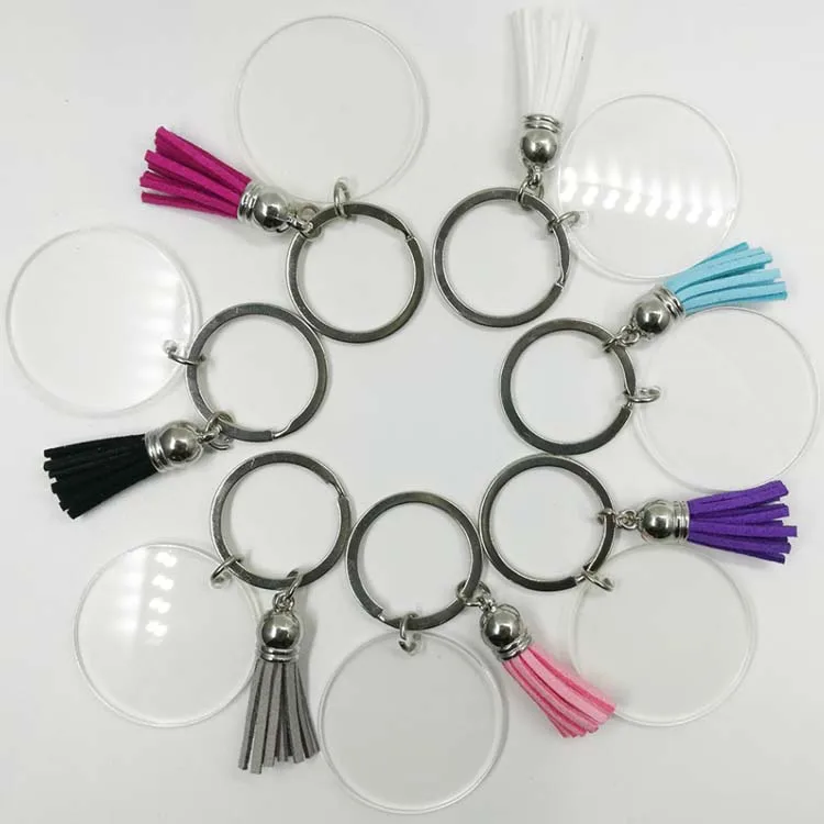 
Wholesale DIY Blank Round Clear Monogram Acrylic Keychain With Colorful Tassels 