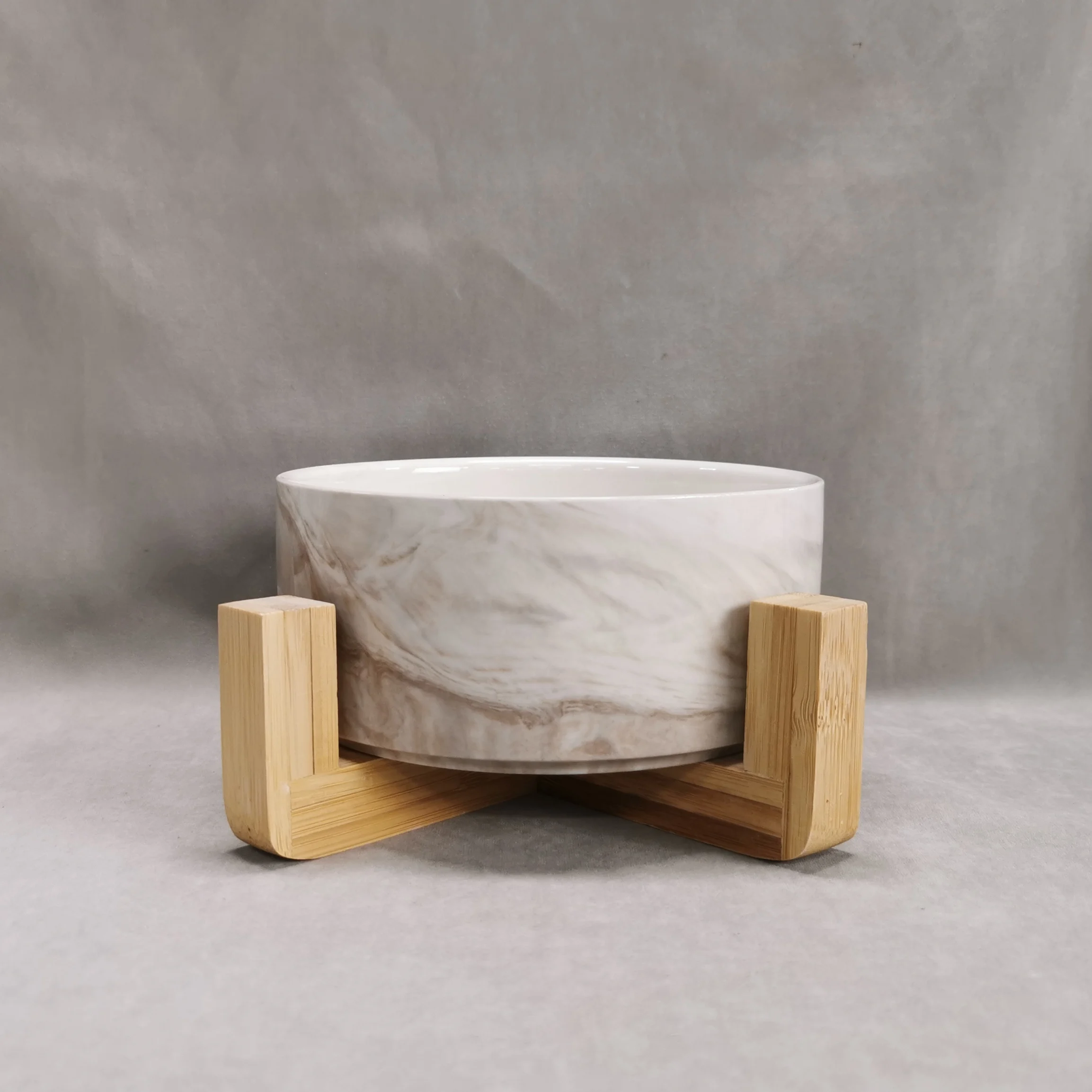 New italian white marble look ceramic 6 inch with bamboo stand gold rim pet feeding cat dog bowl set food round bowl marble