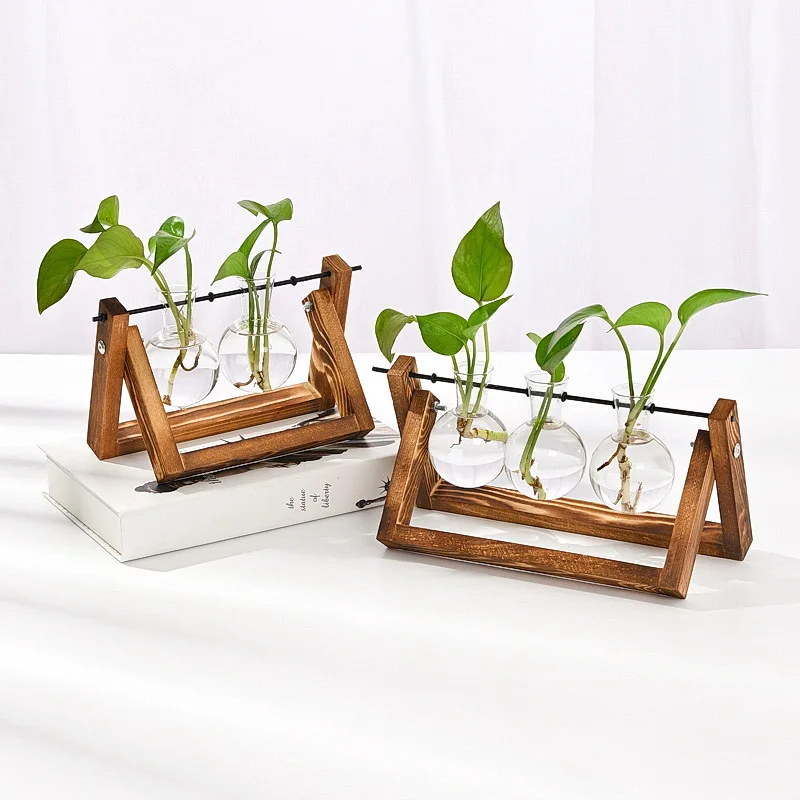 Home Decor Station with Wooden Stand Bulb Vase for Hydroponics Plants Wall Hanging Glass Planter Tabletop Terrarium Wood Stand
