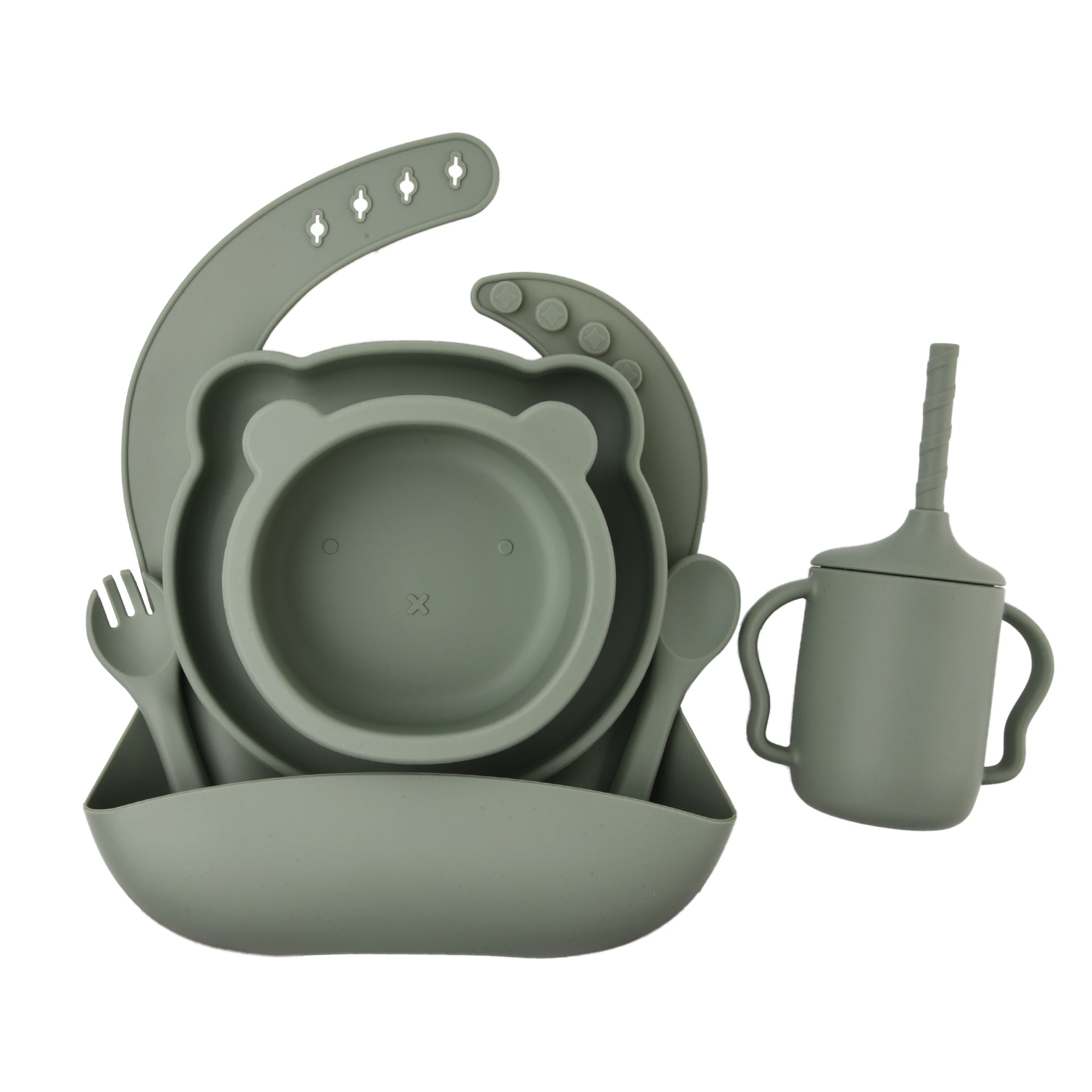 YLA Wholesale Silicone Dinner Plate Set Bear Style Plate Bowl Spoon And Silicone Bib Sets For Babies