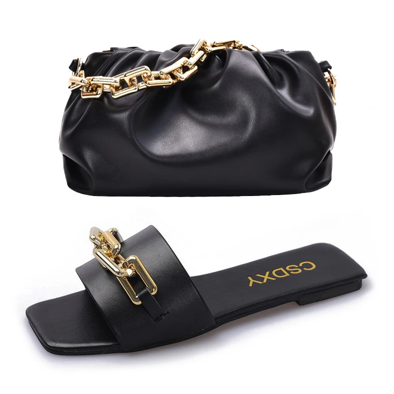 2022 Purses And Handbags Fashion Chain Sandal And Purse Match Sets Flat Sandals Chain Bags Women Luxury Designer Purse Handbags