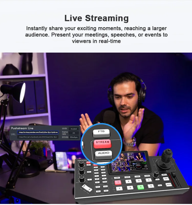 Professional 4 channels mixer switcher live streaming black magic video 5.5 inch FHD LCD screen PTZ control video switcher