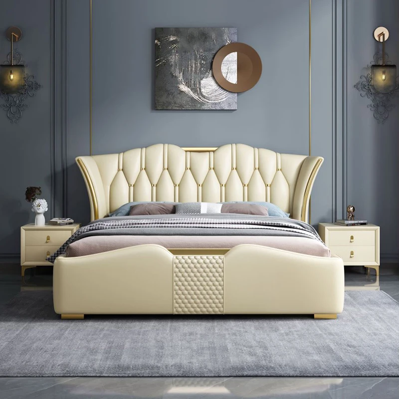 HANYEE Luxury Italian Faux Leather Platform King and queen size Bed with storage and drawers for bed room Comfortable Sleeping