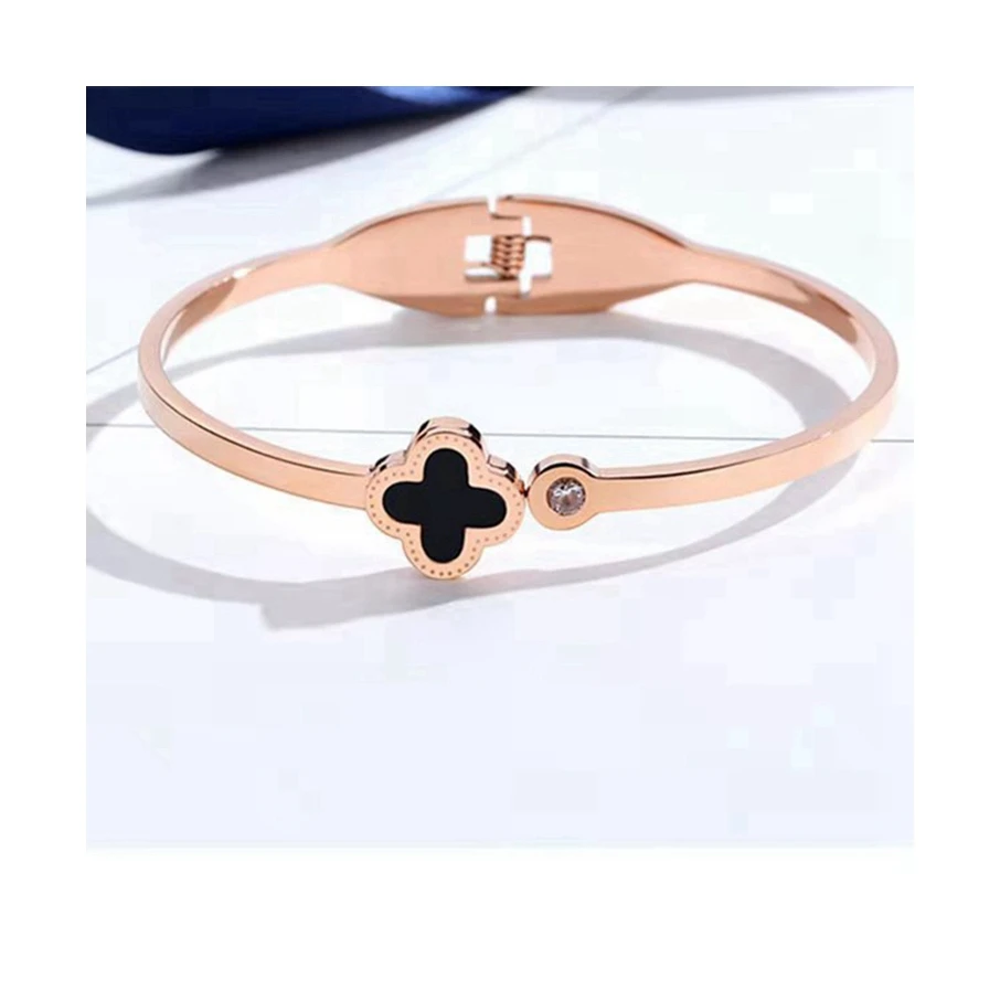 High Quality Rose Gold Stainless Steel Leaf Clover Bracelet Cuff Bangles