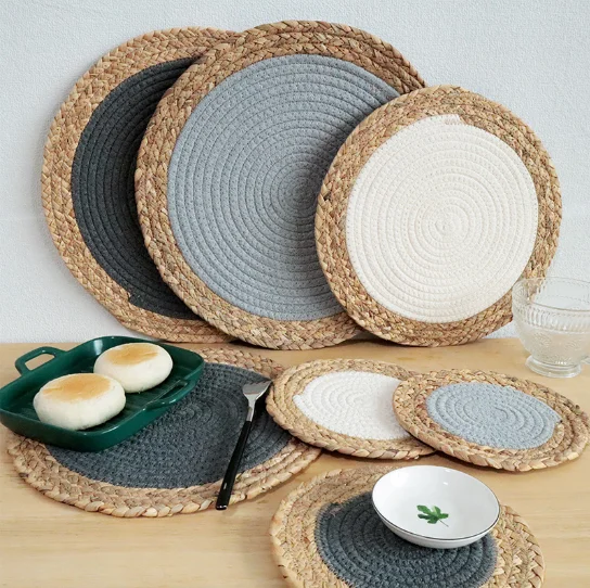 QK Diameter Round Cotton Placemats Straw Woven Dining Table Mats Heat Insulation Potholder Cup Coasters Home Kitchen Accessories