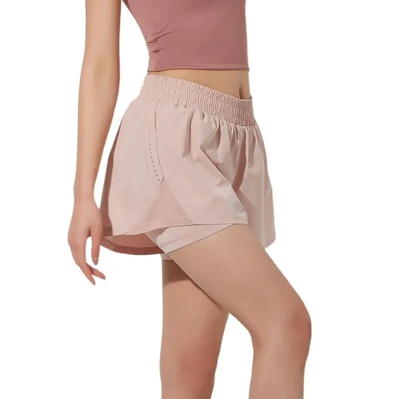 False Two Pieces Workout Yoga Fitness Women Sports Gym Booty Shorts With Inside Pocket