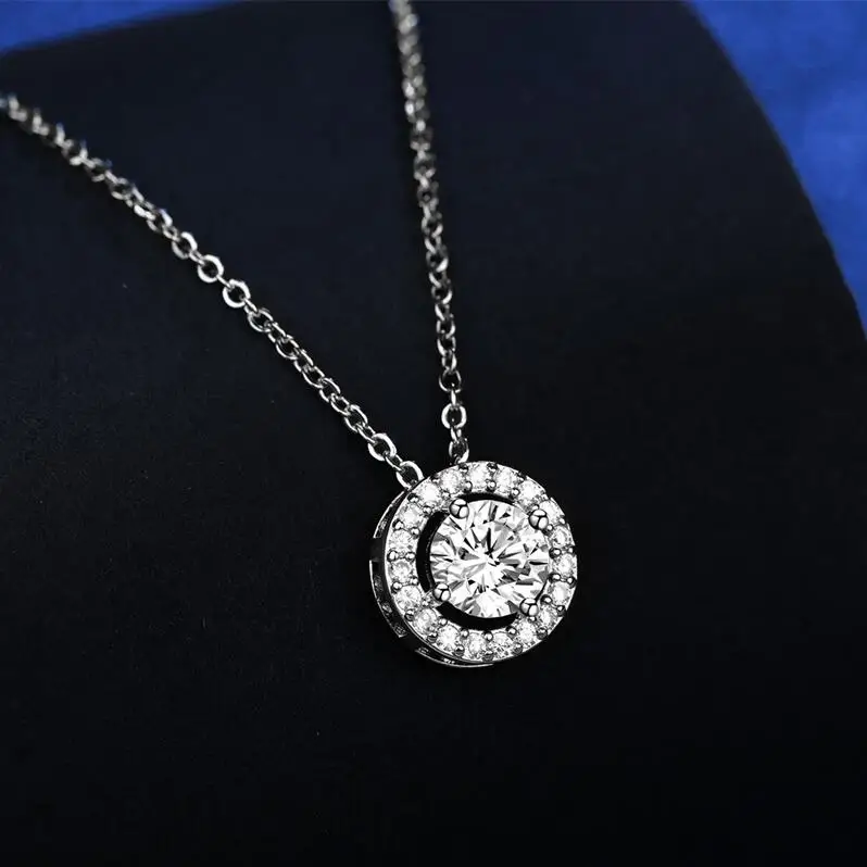 Sterling Silver 925 Jewellery Gold Plated Wholesale Dancing Cubic Zirconia Diamond Stone Round Circle Pendant Necklace For Women