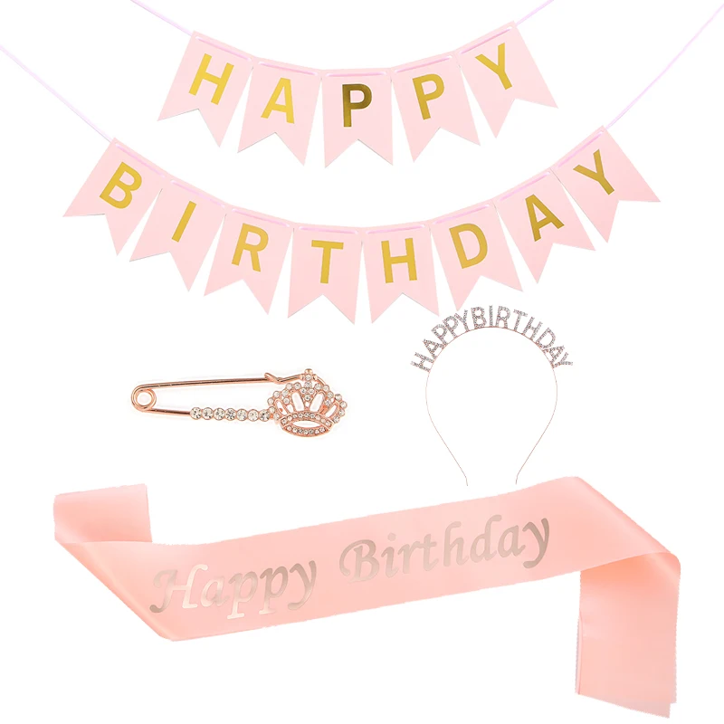 
4pcs New Design Happy Birthday Decorations Accessories Headband Banner Sash Rhinestone Pin For Girl Favor Gifts Factory Supplies 