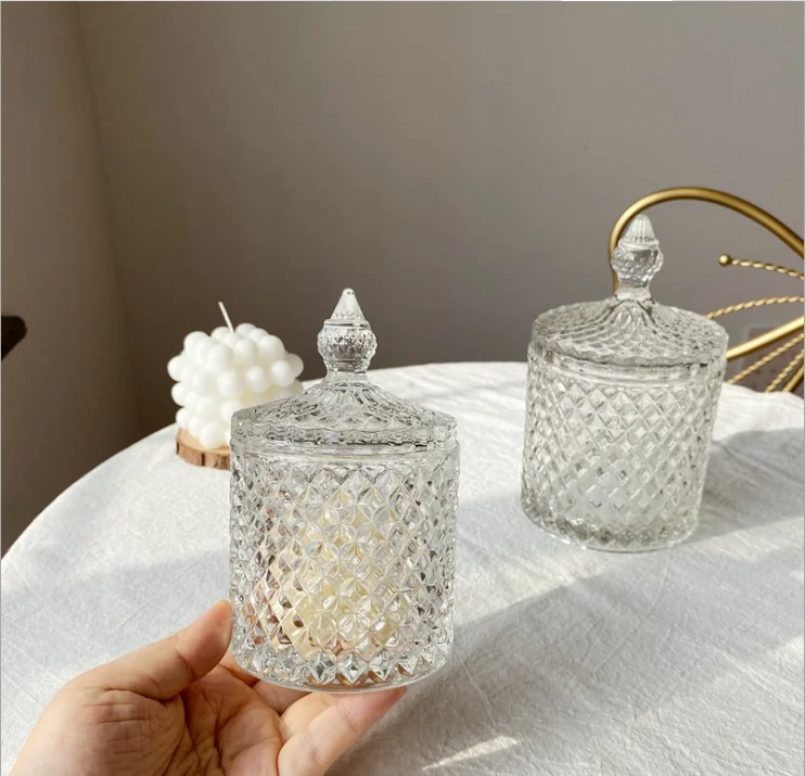 Empty wholesale 8oz clear geo cut diamond crystal glass candle candy jar container with box