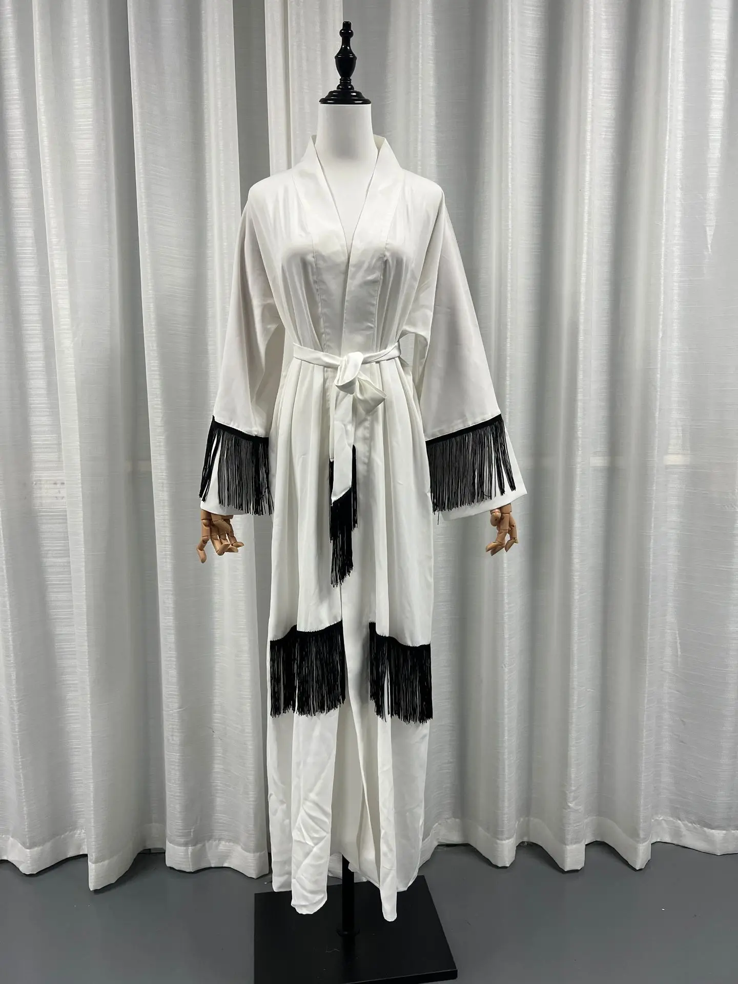 Custom Open Abaya Muslim Women Dress Turkey  Femmes Kimono Robes White Chiffon Abaya With Tassel