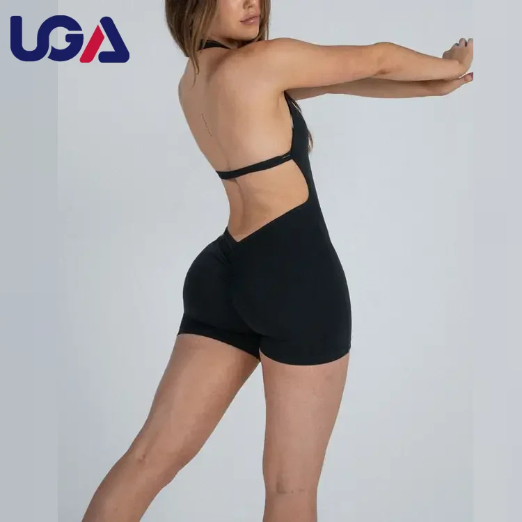 Custom Sexy Fashion Premium Nylon Spandex Scrunch Butt Shorts Set Jumpsuit Women Workout V Open Back Yoga Bodysuit