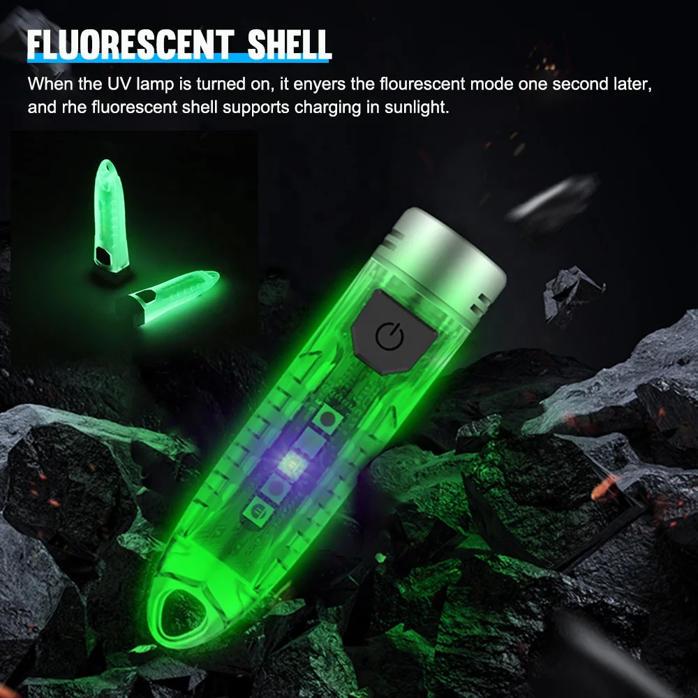Mini keychain flashlight 12 modes rechargeable waterproof portable edc flash light 400 lumens keyring torch with yellow uv light