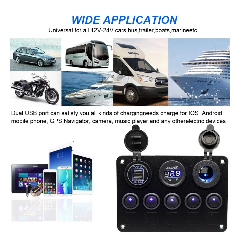 Waterproof LED Car 5 Gang 12V Fused Marine Boat Illuminated Rocker Switch Panel