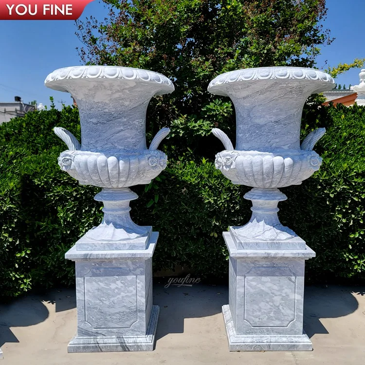 Exquisite Hand-Carved Garden Marble Flower Vase Statue Large Planter Pots Statue