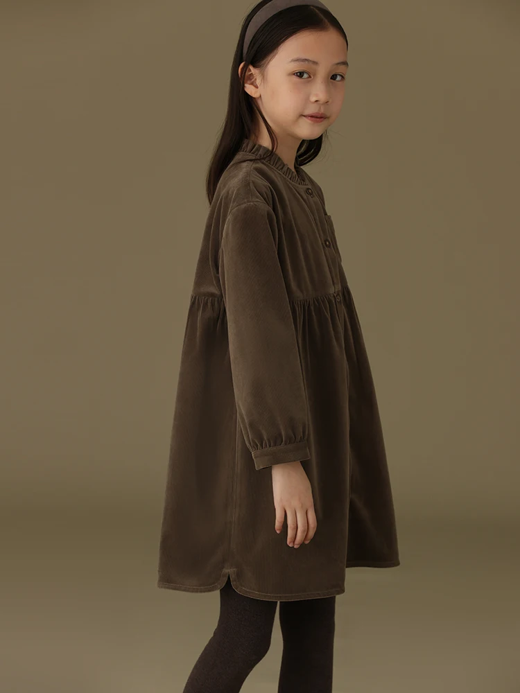 Winter New Casual Fungus Collar Open Button Corduroy Parent-Child Plus Velvet Long-Sleeved Girl Dresses 6 to 14 Years
