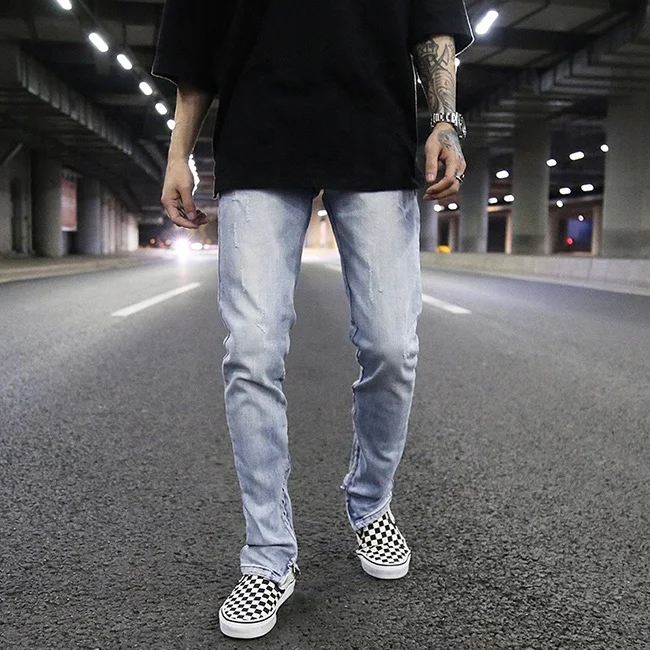 
OEM street light blue washed straight denim jeans ankle zipper slim fit pants casual vintage outdoor trousers stock dropshipping 