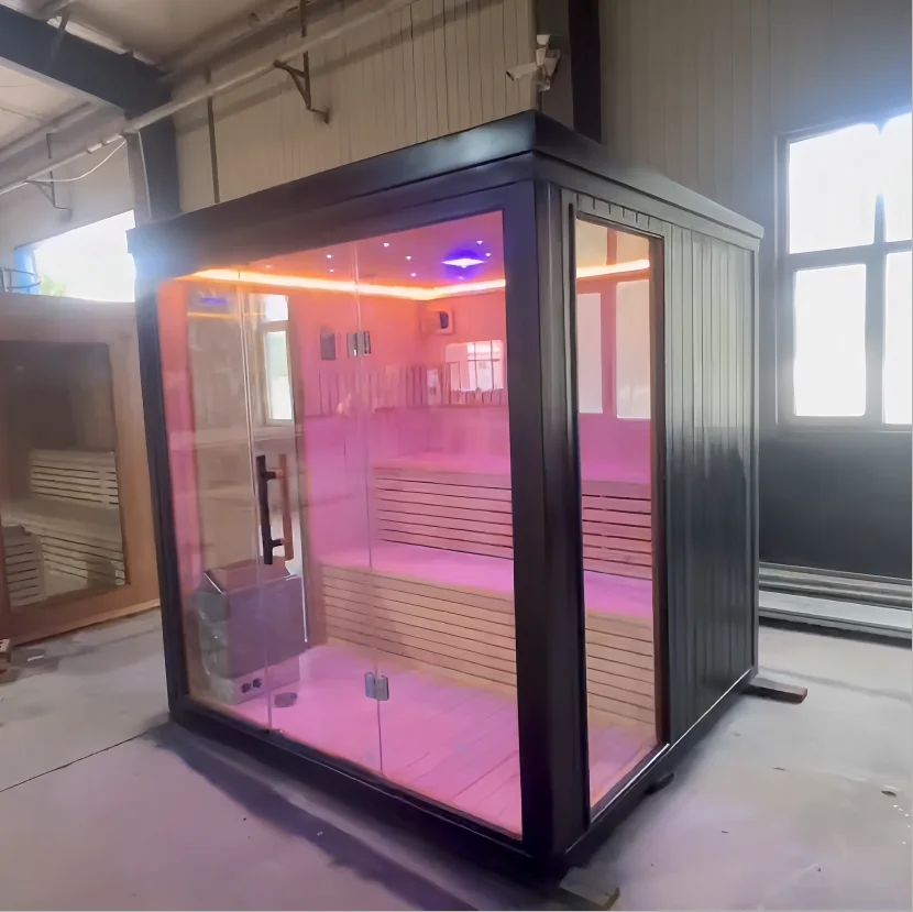 Modern Outdoor Sauna Room With Panoramic Glass Doors and Wood Finish for Home Spa