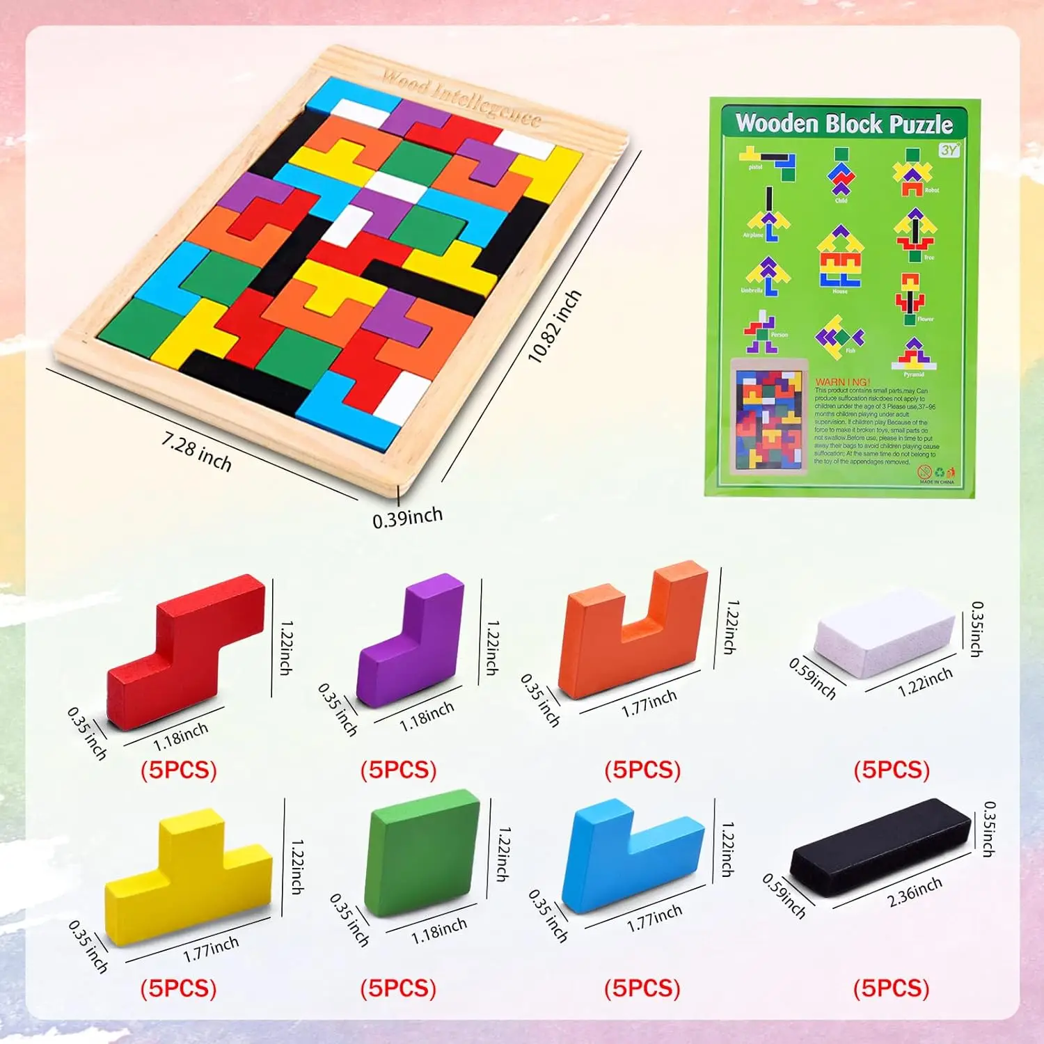 Wooden Puzzles for Kids Ages 4-8 8-10 Thick Colorful 3D Russian Blocks and Brain Teaser Tangram Jigsaw