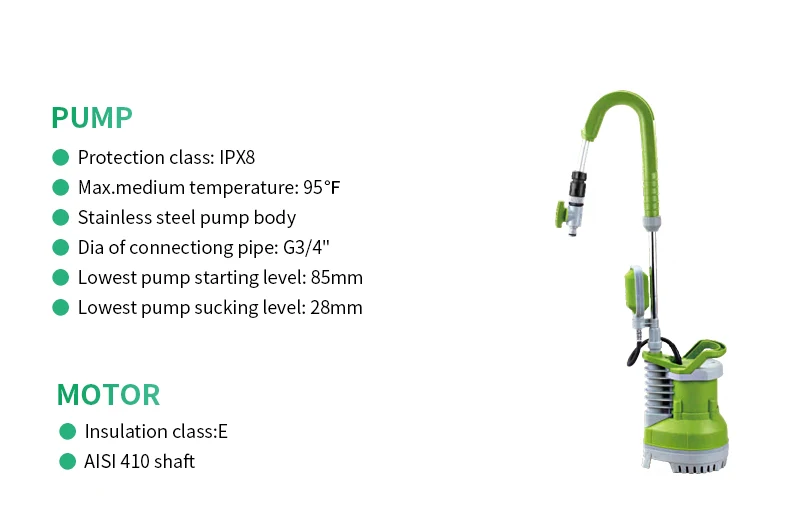 Water Transterring Garden Irrigation Plastic Submersible Rain Water Pump with Flexible Tube and Floater Switch