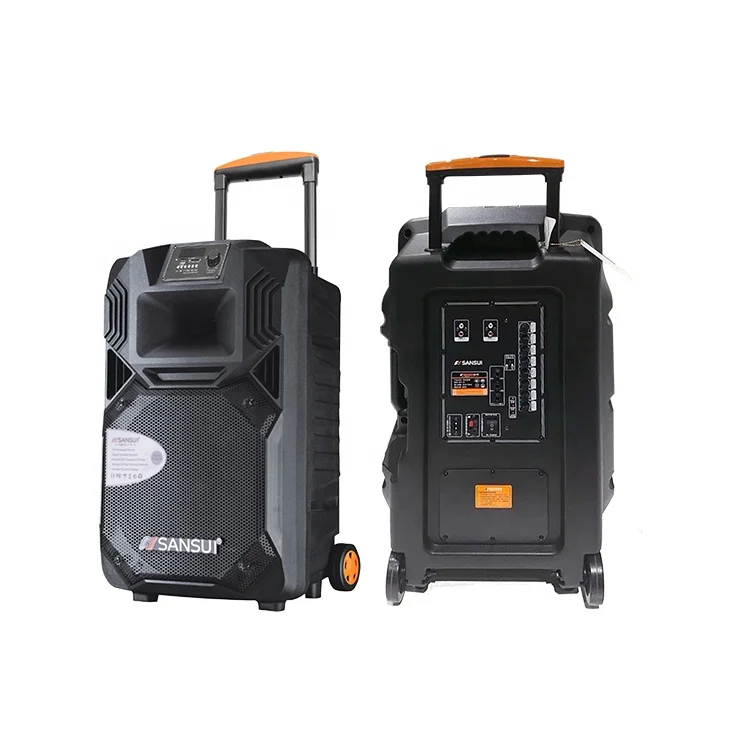 2023 good model  SANSUI 15 inch caxia de som professional audio karaoke high Powered battery trolley party soundbox speaker