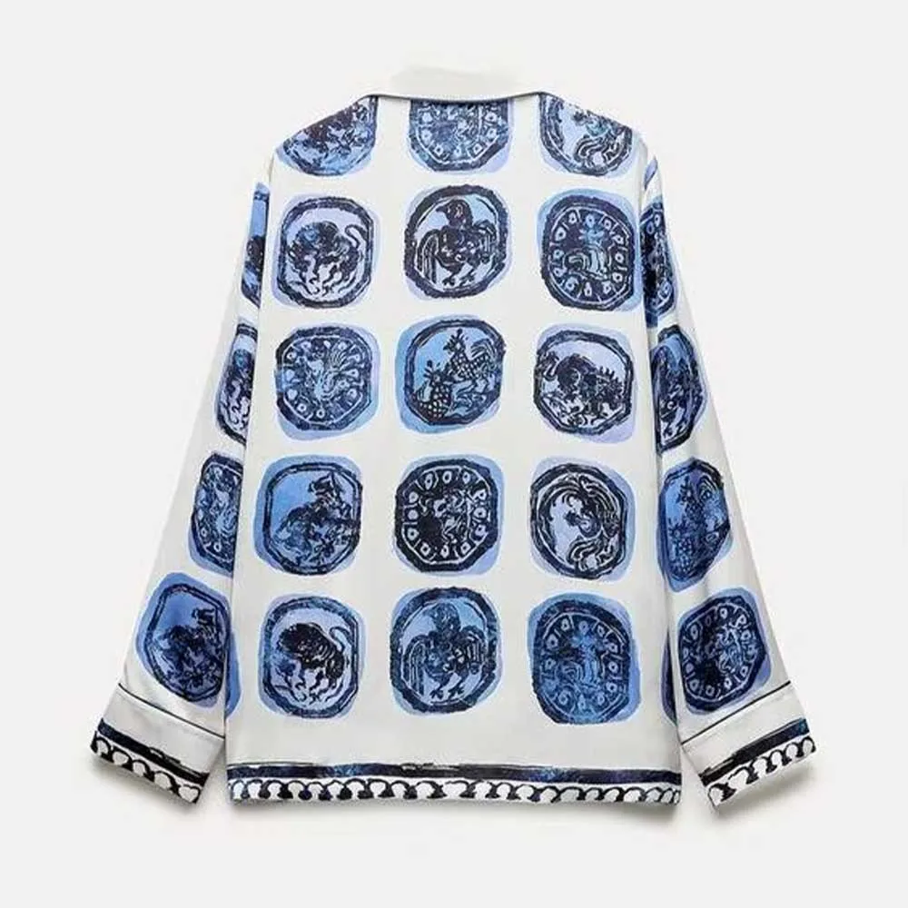 PB&ZA Women 2023 spring New Fashion Print Blouses Vintage Long Sleeve Button-up Female Shirts Chic Tops