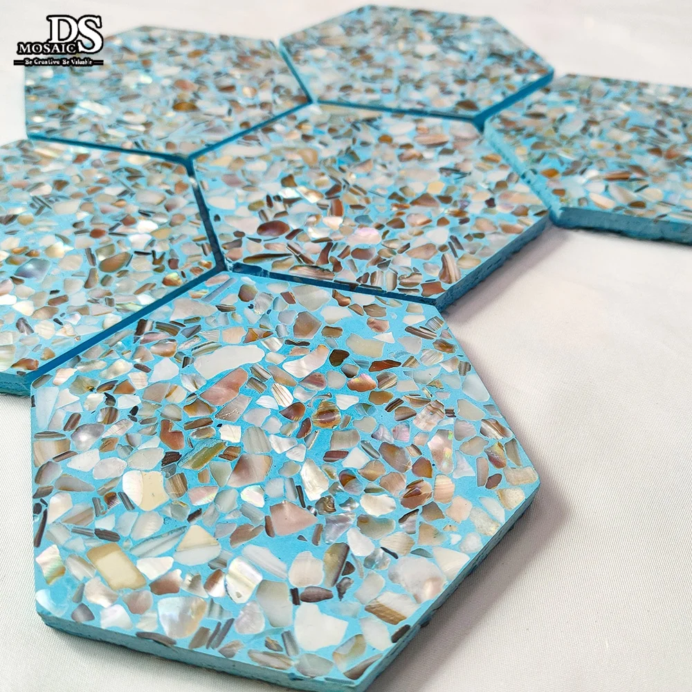 Polished Blue Hexagon Shape Natural Mother of Pearl Shell Tile Waterjet Cut Parquet Mosaic for Interior Backsplash Kitchen Ti