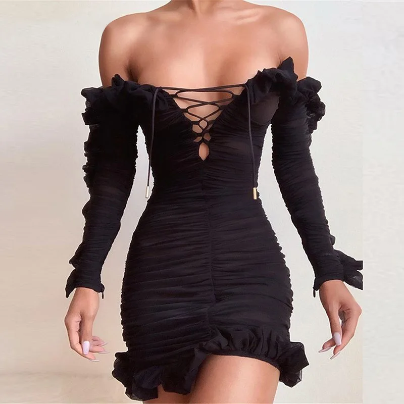 2022 Hot Sale New Style Mesh Ruffled Long Sleeved Deep V Hollow Lace Sexy Casual