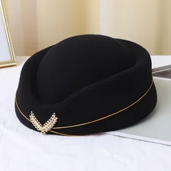 Woolen Stewardess Hat Vintage Ladies Beret Temperament Solid Color Women Caps For Dinner Stage Performance