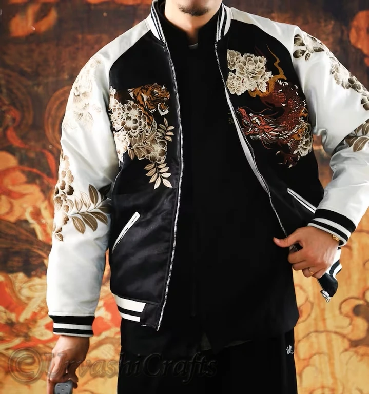 Trendy Wholesale Jacket Varsity Custom Bomber Jacket For Men Double Dragon & Phoenix Sukajan Souvenir Jackets at Bulk Prices OEM