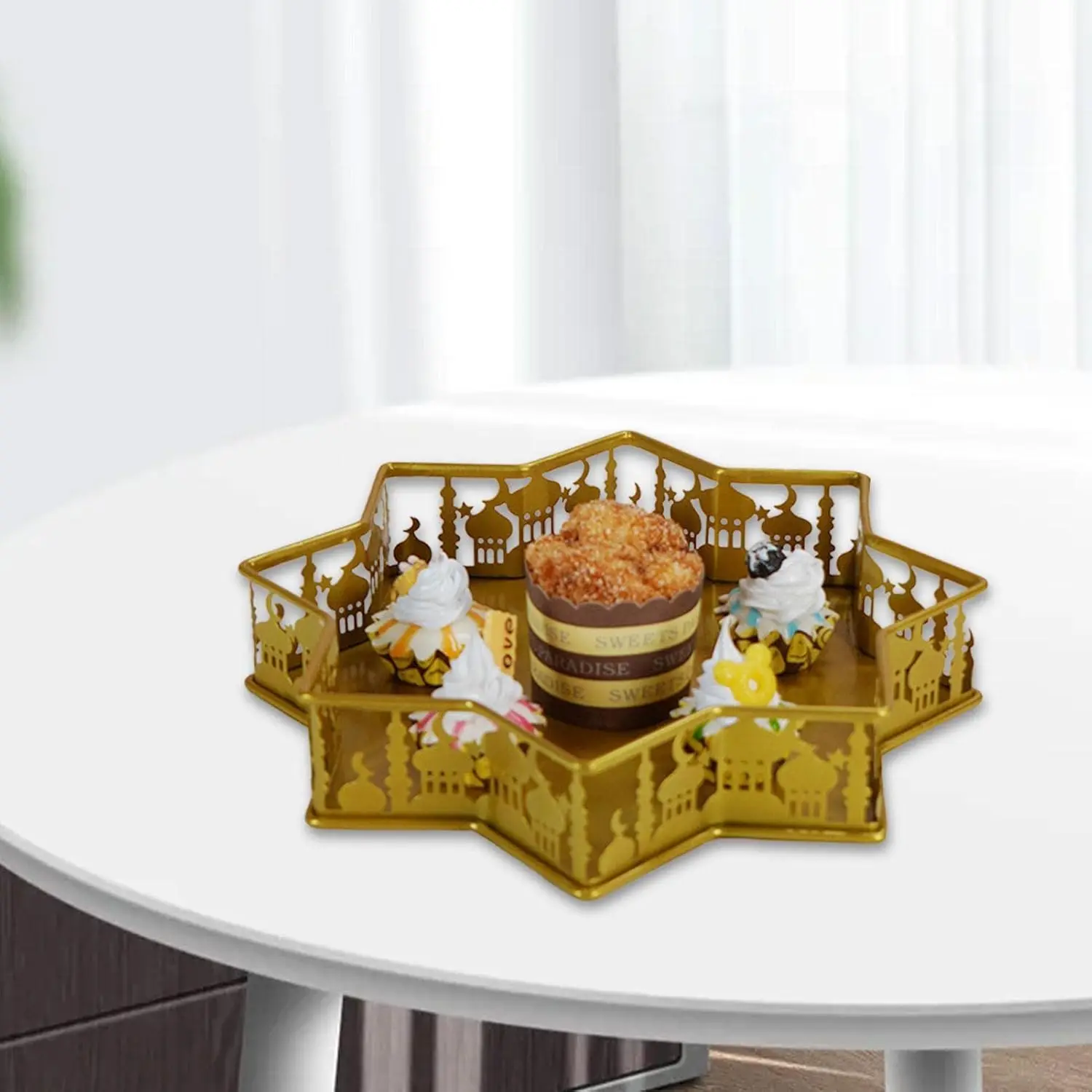 2025 Luxury Muslim Golden Iron Crafts Eid Mubarak Metal Trays Ramadan Food Plate Fruit Containers Table Decoration Ornaments