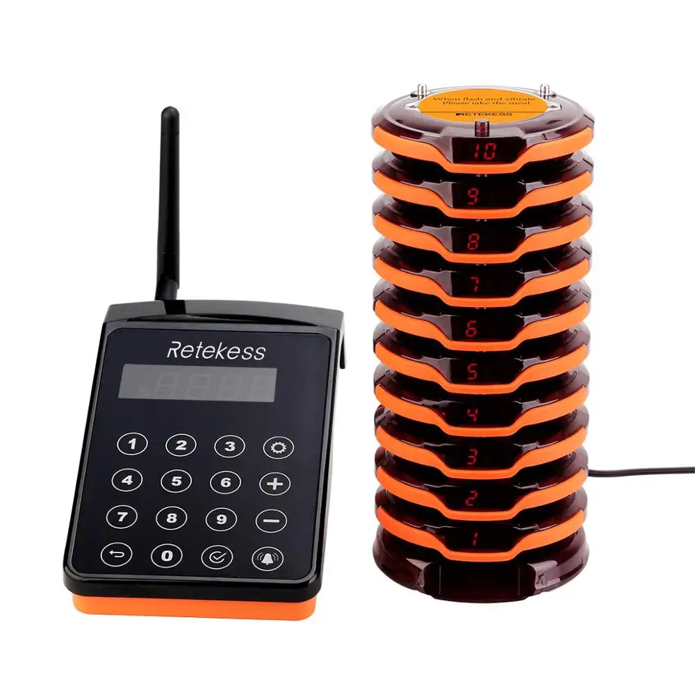 IP67 Wireless FM technology restaurant Paging System with 1 Transmitter 10 Coaster Pagers for Restaurant Clinic Retekess TD156