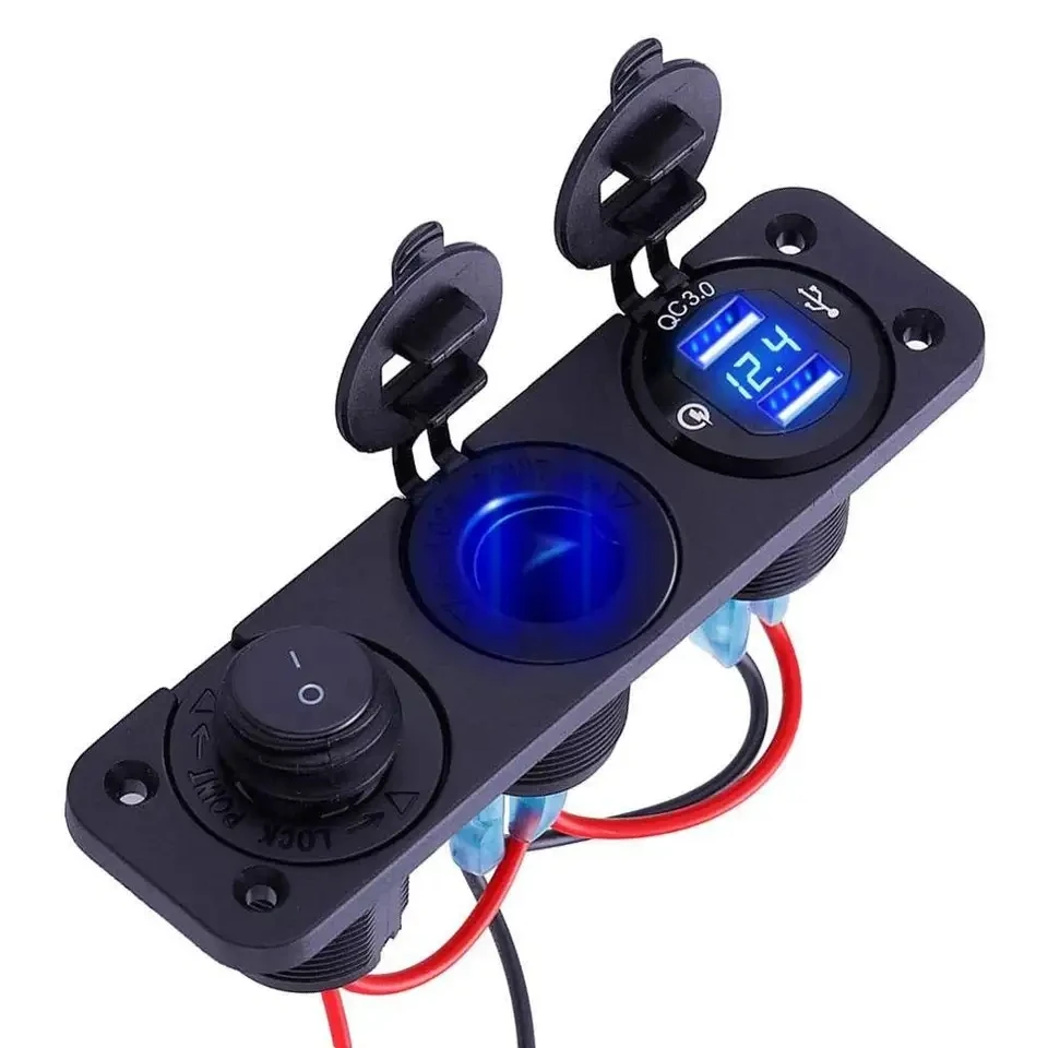 QC 3.0 Dual USB Car Socket and LED Digital Voltmeterand Cigarette Lighter Socket Splitter + LED Lighted ON Off Rocker switch