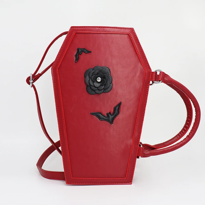 Custom Bag design  Coffin shape Purse Black Pu Leather Gothic shoulder Bag with 3D Ross and Bat deatils