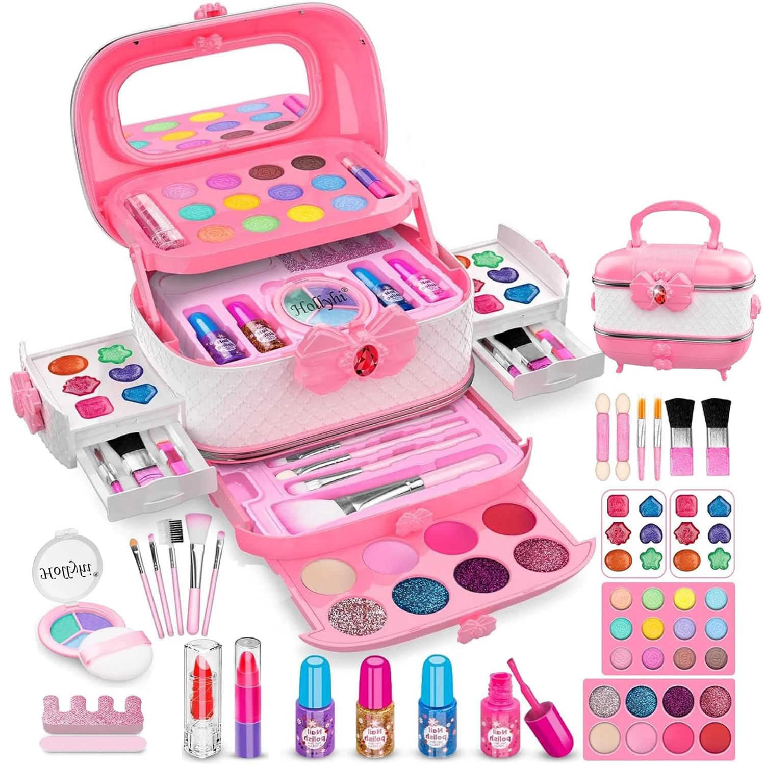 Kids Pretend Play Makeup Kit Make Up Suitcase Set Toys for Girls with Makeup Brush Set Tools Box Accessories
