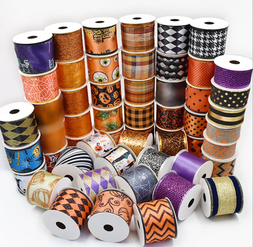OKAY Custom Printed Halloween Autumn Harvest Pumpkin Wire Edge Ribbon For Holiday Outdoor Decoration