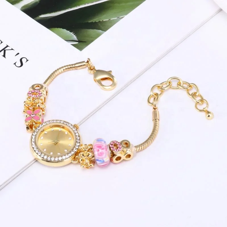 Best Selling Bead Charm Pave Diamond Adjustable Bracelet Quartz Watch For Women Girls