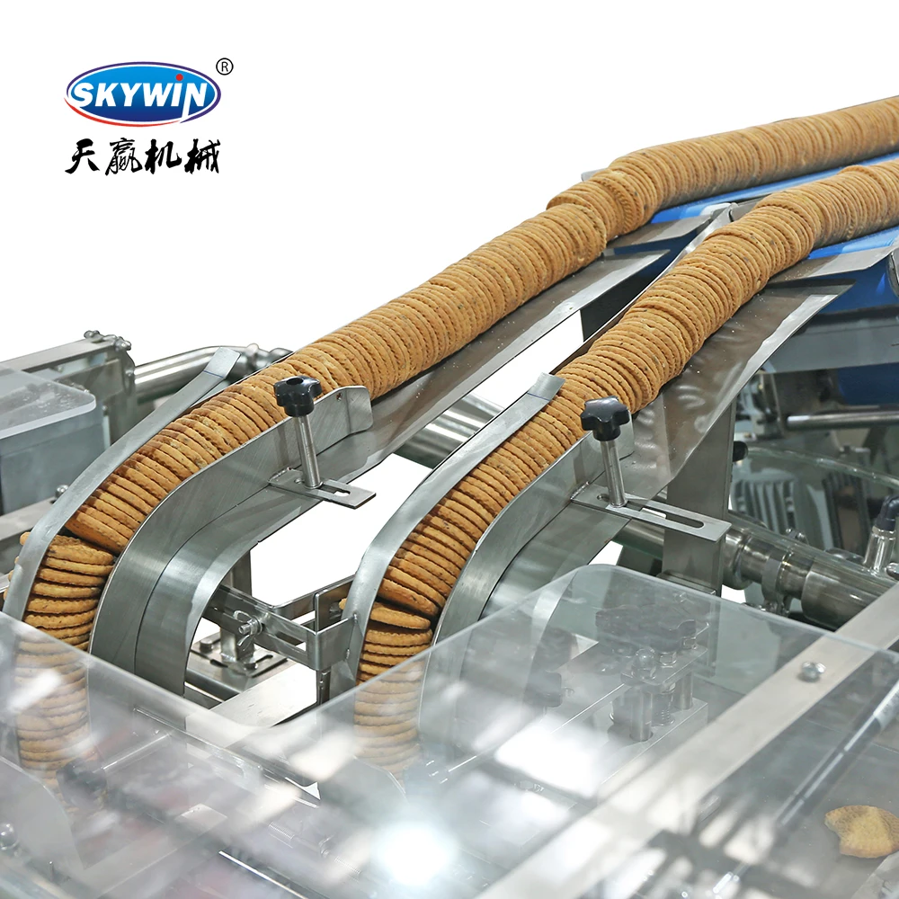 Skywin High Speed Two Lanes Biscuit Sandwiching Machine With On Edge Flow Packing For Cookie Cream Filling