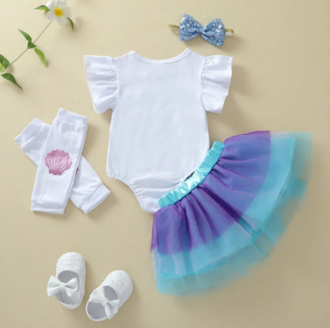 Wholesale Summer Infant Printed Fly Sleeve Romper + Firefly Blue Mesh Skirt 4-piece set For Baby Toddlers Girls Clothes