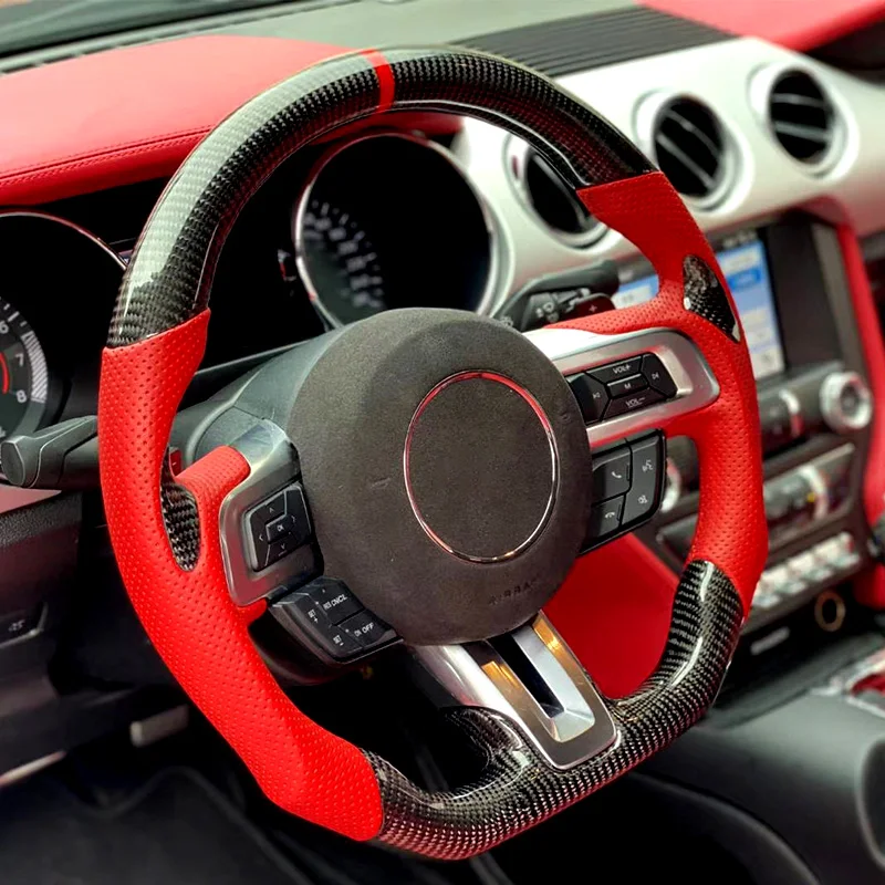 Подходит для 15-20 Ford Mustang, рулевое колесо из углеродного волокна, спортивное светодиодное рулевое колесо с плоским дном