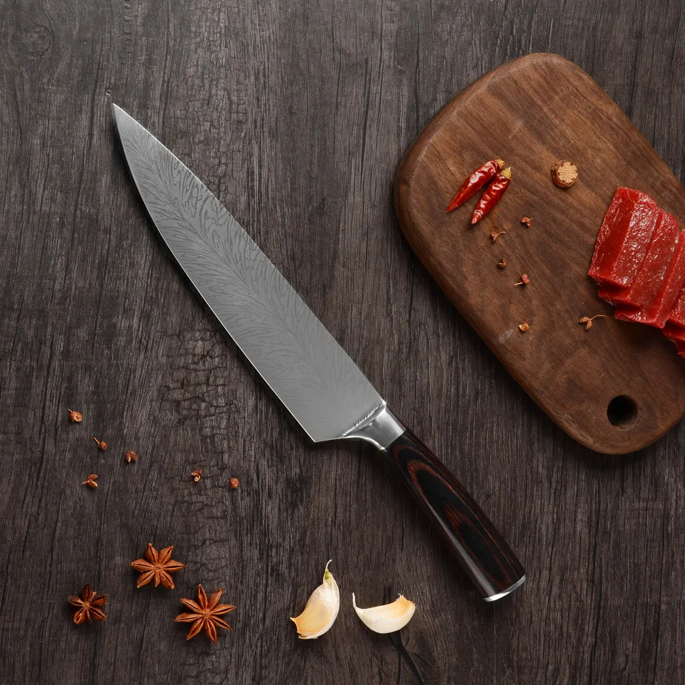 Xingye Knife Kitchen 7Cr17Mov High Carbon Stainless Steel Pakka Wooden Handle 8 Inch Knife Kitchen Chef With Knife Cover