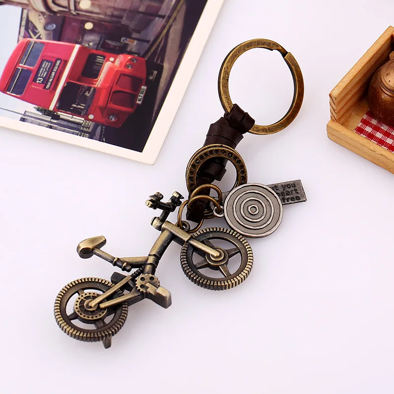 Trendy Punk Vintage Handmade Braided Leather Key Holder Antique Bronze Bike Bicycle Shape Keychains for Men