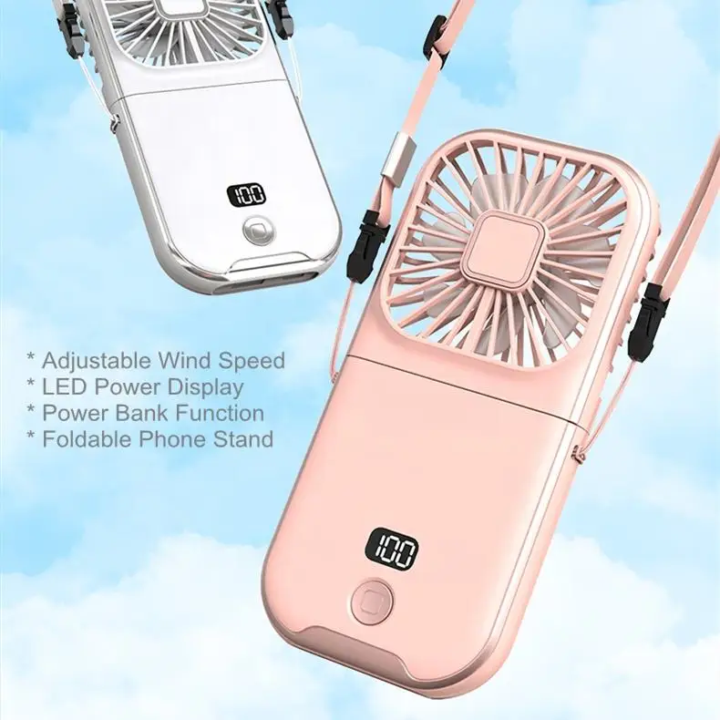 4 Speed Rechargeable Neck Fan Portable LED Display Neck Fan With Lanyard Foldable 3000Mah Power Bank Fan