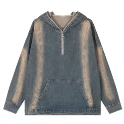 Men Spray Painted Pullover Denim Jacket Half Zipper Hooded Sweatshirt Mens Hip Hop Sweatshirts Spray Paint Hoodies Customized
