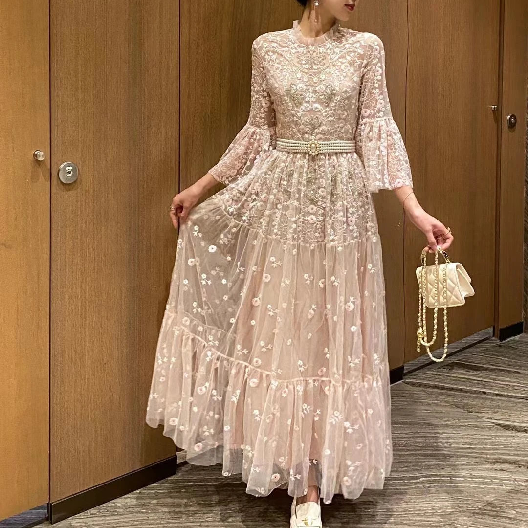 2024 Bettergirl Wholesale Women Character Sweet Lace Cotton Discharge Printing Pearl belt Breathable O-neck Hollow out Dress