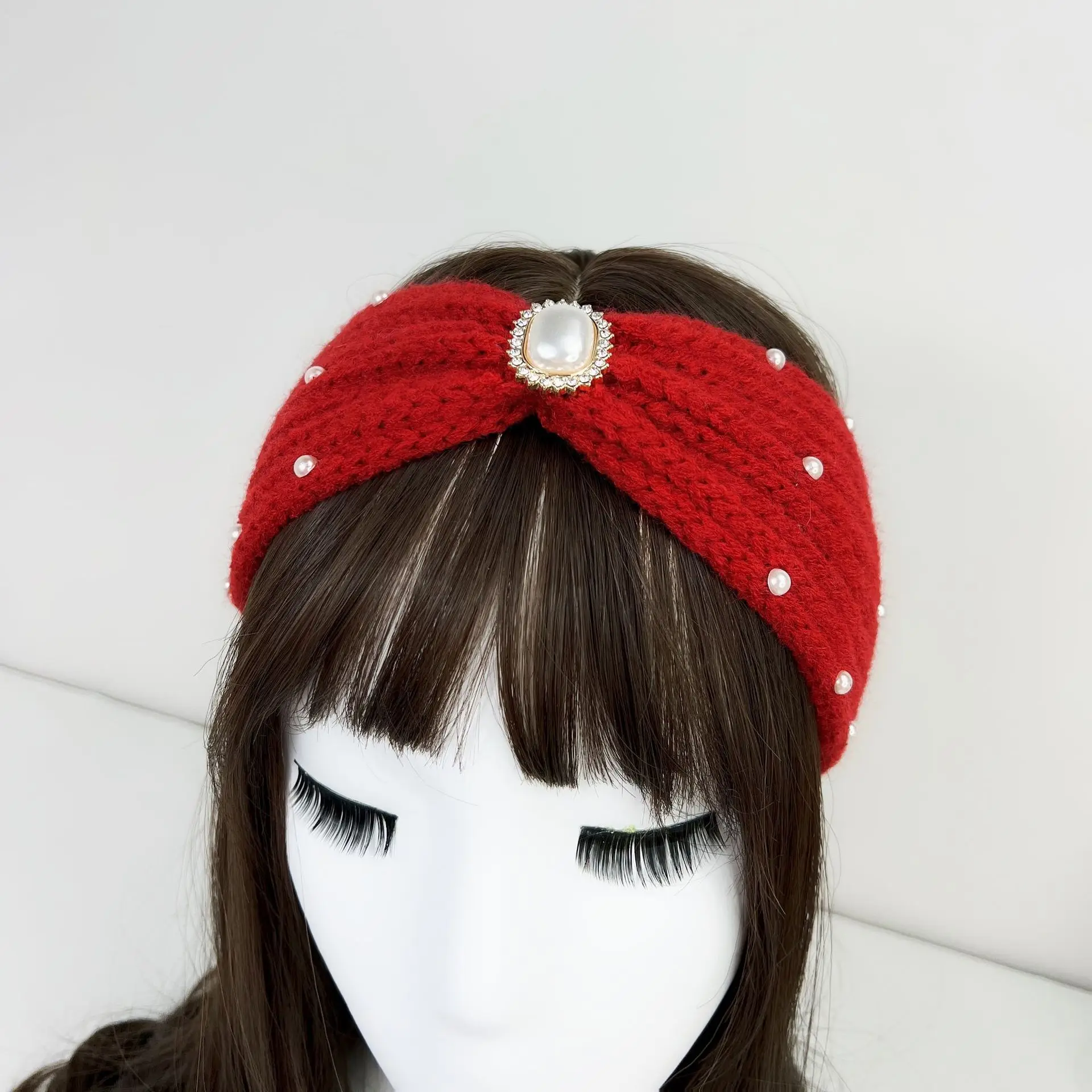 10 Colors Knitted Wool Headband Pearl Diamond Hair Band Turban Headwrap Hat Elastic Warm Headwear Ear Warmer Hair Accessories